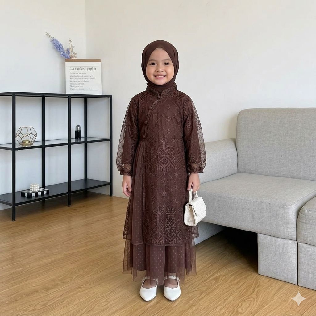MAHIRA DRESS KIDS BROKAT PESTA ANAK PEREMPUAN USIA 4 - 12 TAHUN BAHAN VELVET MIX BRUKAT TILE GAMIS L