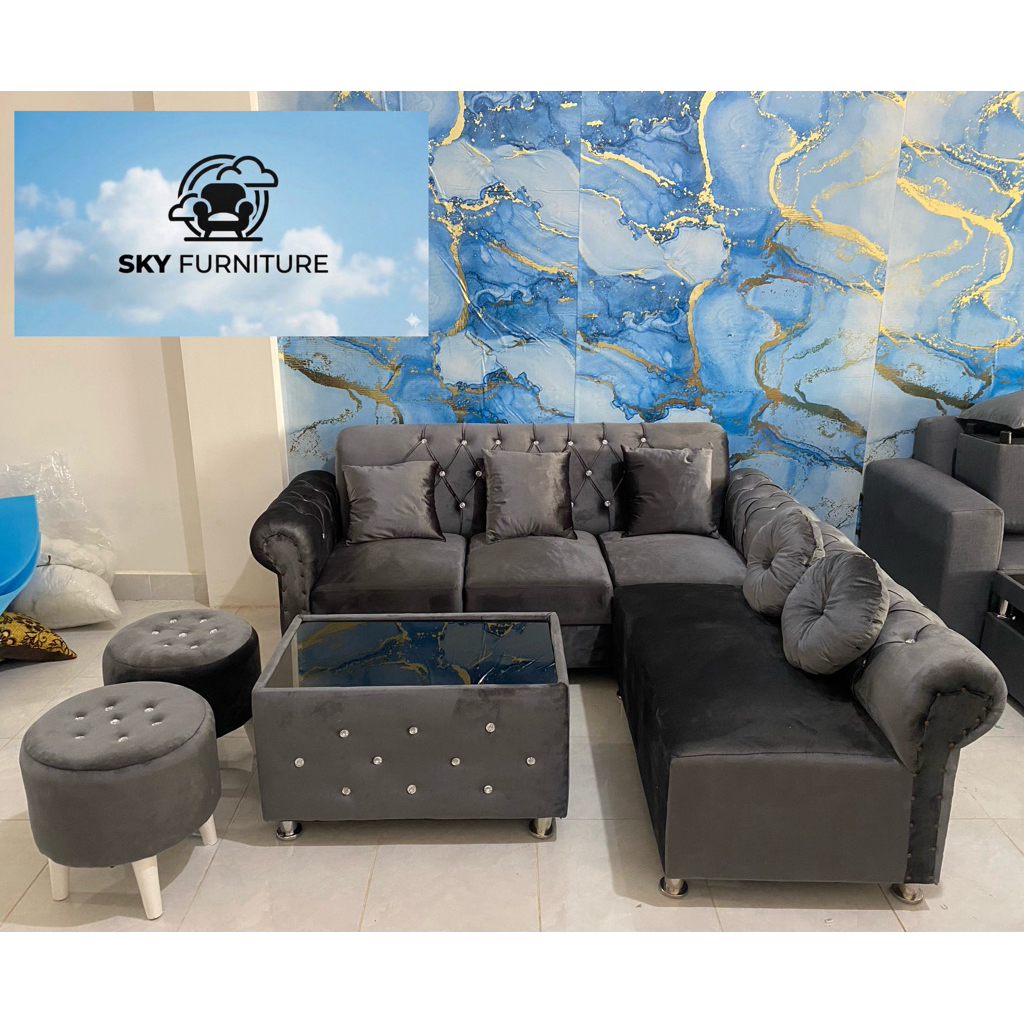 Sofa L Kancing + 2 Stool Bulat Sky