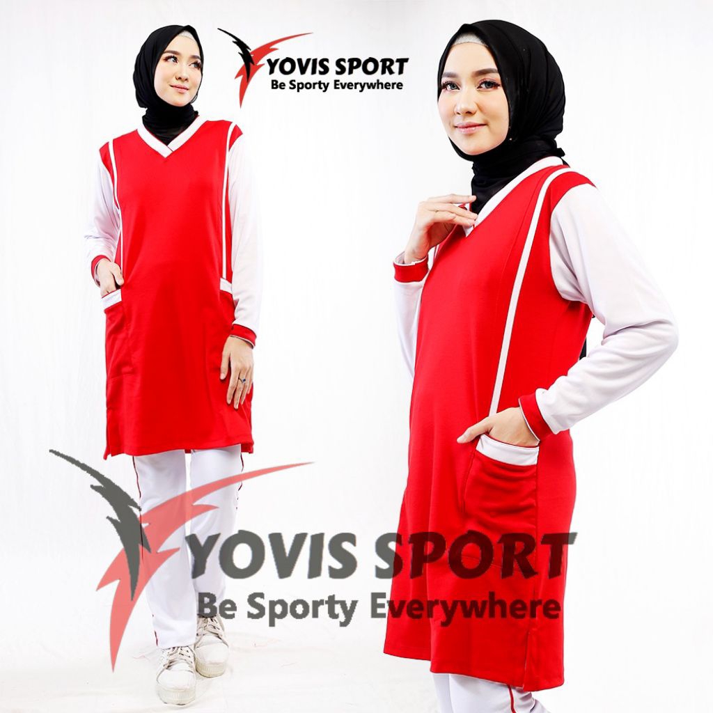 Setelan Senam Wanita Muslimah//Merah Putih//Olahraga Wanita lengan panjang/Setelan Tunik Merah Putih