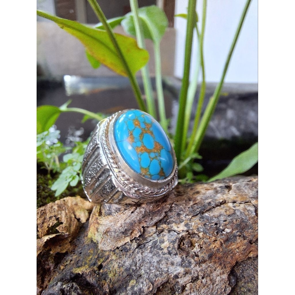 Cincin batu akik pirus persia pria urat emas ceplok kuro