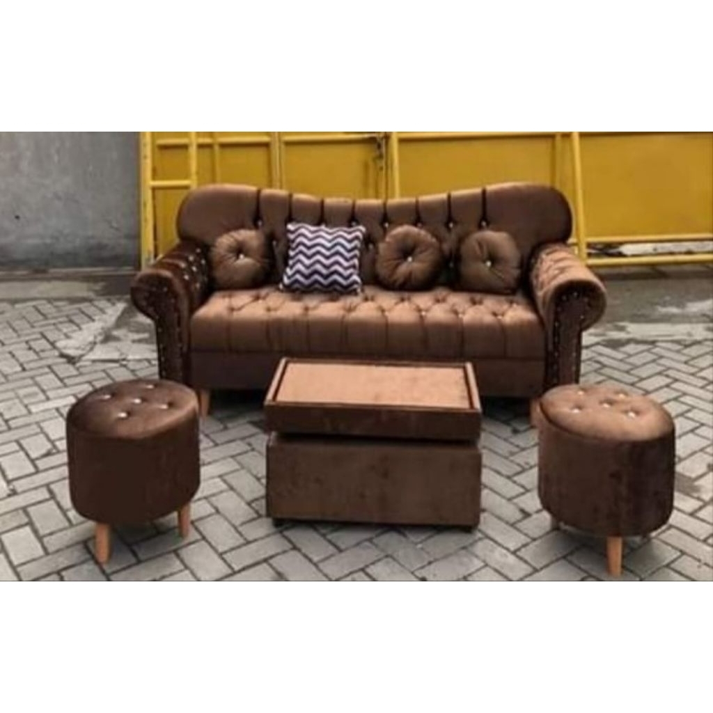 sofa Ombak + 2 puk bahan kain beludru premium