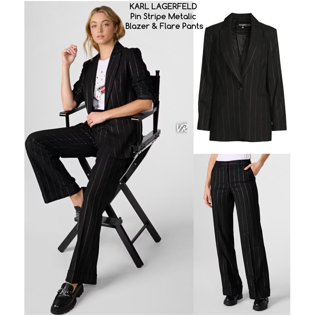 [ KL 16 ] BLAZER & BOOTCUT KULOT METALIC PIN STRIPED WIDE LEG BLACK KARL