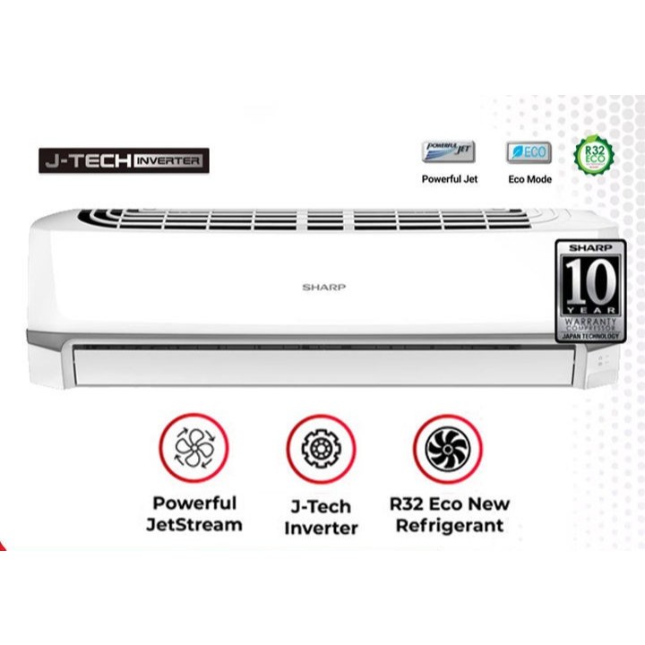 Sharp AC 1/2PK J-Tech Inverter Powerful JetStream R32 Eco Mode Garansi 10 Tahun