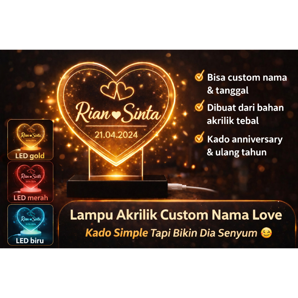 Lampu Akrilik Custom Nama + Love (couple Edition)