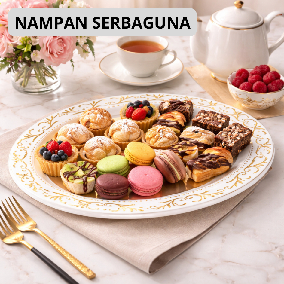 Baki Transparan Motif Gold / Nampan Bulat Buah  Plastik Gaya Barat Klasik / Nampan Plastik Aestetik