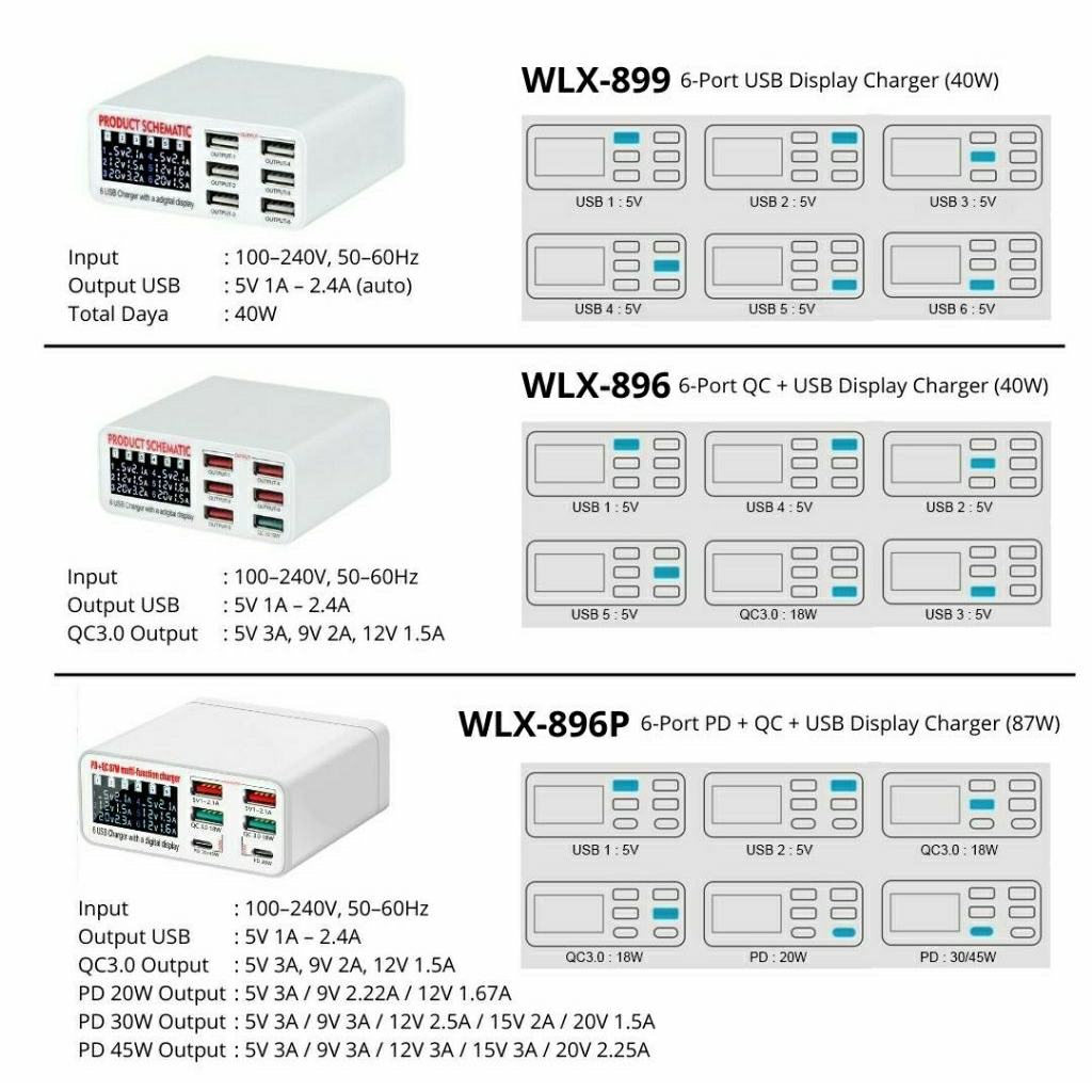WLX 896 / 896P / 899 6 Port USB Charger with LCD Display