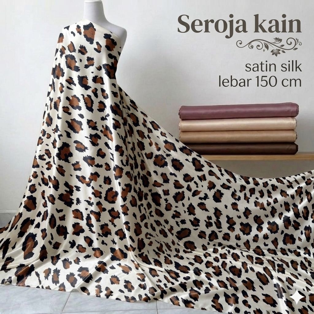 Kain Satin Silk Motif Leopard Putih Premium Halus Mengkilap Bahan Dress Blouse Rok Knt