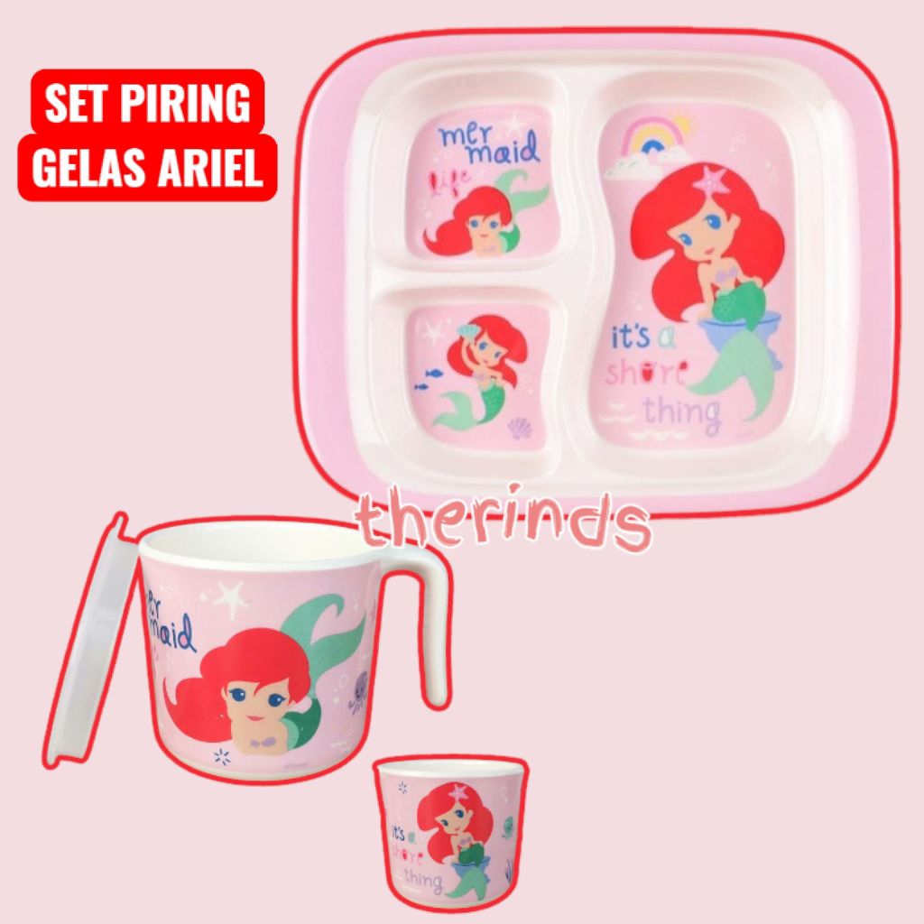 Set Makan Anak Karakter Mermaid Ariel | Piring Gelas Melamine BPA FREE FOOD GRADE | Set Alat Makan P