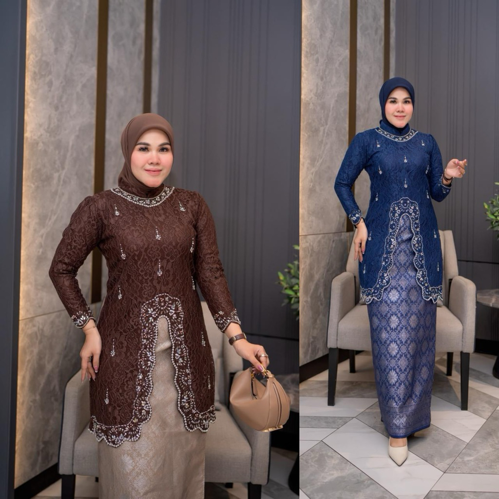 SET SETELAN KEBAYA SONGKET DEWASA BAHAN BROKAT MIX MUTIARA