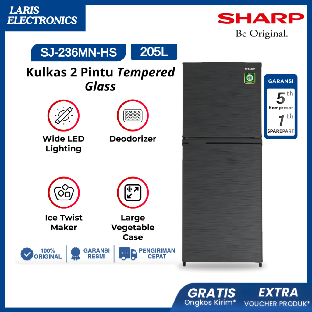 SHARP Kulkas 2 Pintu SJ-236MN-HS BERKAPASITAS BESAR 205L SHARP Kirei Series Dark Silver