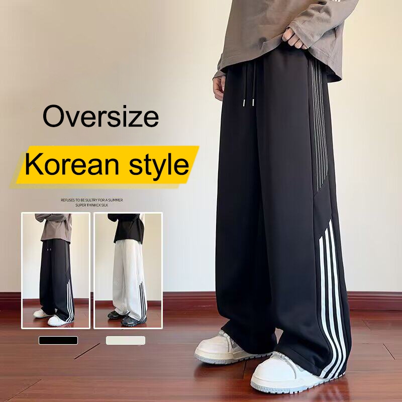 Celana Korduroy Pria Hitam Baggy Corduroy Pants Oversize Wide Leg Korean Style Casual Cowok Olahraga