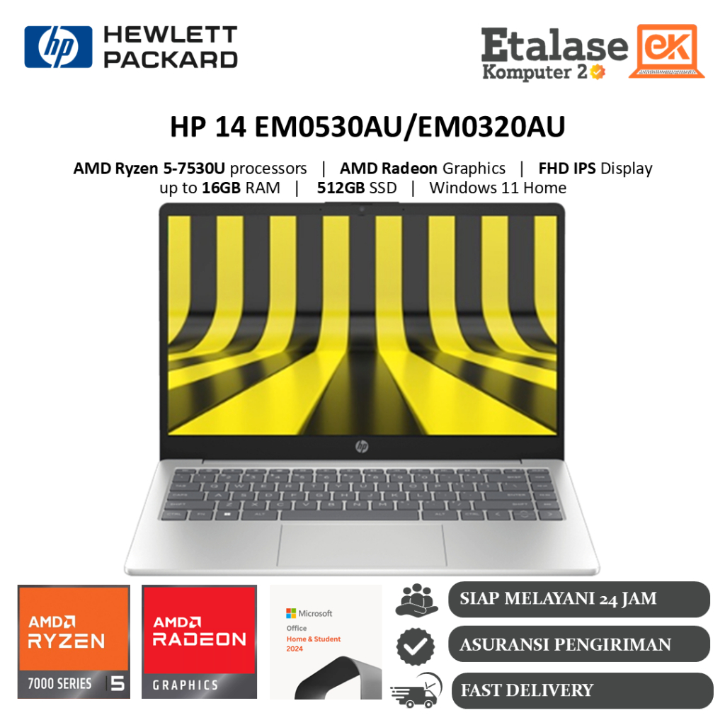 Laptop HP 14 EM0530AU Ryzen 5 7530U 1TB SSD RAM 16GB HP 14 EM0320AU AMD RYZEN 3 7320U SILVER BARU