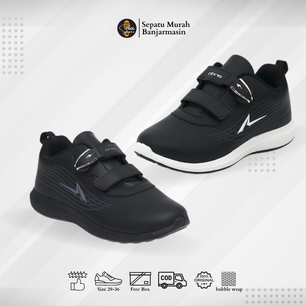 SEPATU ANDO DAVO PEREKAT / SEPATU HITAM POLOS & HITAM PUTIH / Sepatu Sekolah Perekat Magnet Ando Ori