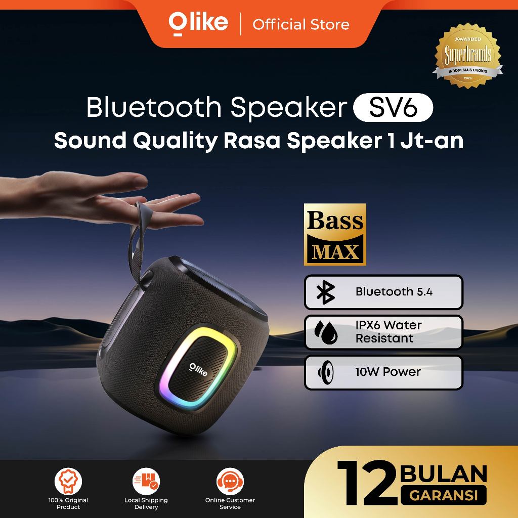 Olike Bluetooth Speaker SV6 10W Subwoofer Dual Bass Bluetooth 6.0 TWS RGB Light 2000mAh 6 Jam Portab