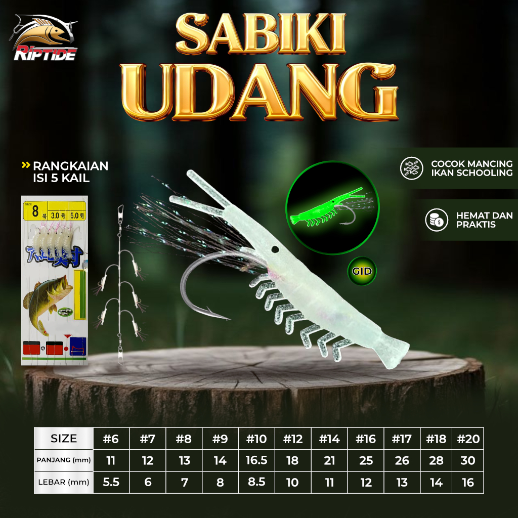 SABIKI RIPTIDE UDANG GID UMPAN PANCING IKAN SELAR KEMBUNG TEMBANG - RANGKAIAN KAIL UDANG FOSFOR