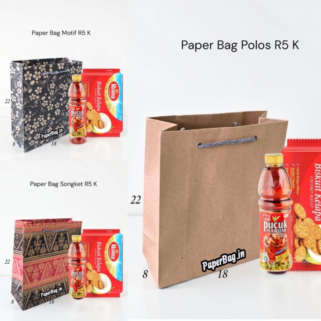 IS 12 (1 Lusin) Paper Bag Motif Uk R5 Kecil Uk 18x22 Roma Teh Pucuk