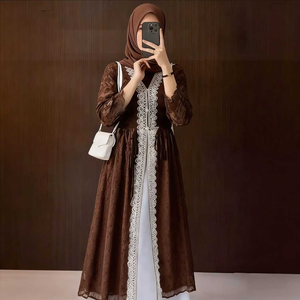 Shella Outer Brukat Panjang Bahan Brukat Plus Renda Rompi Brukat Luaran Dress Mahogany Hitam Burgund