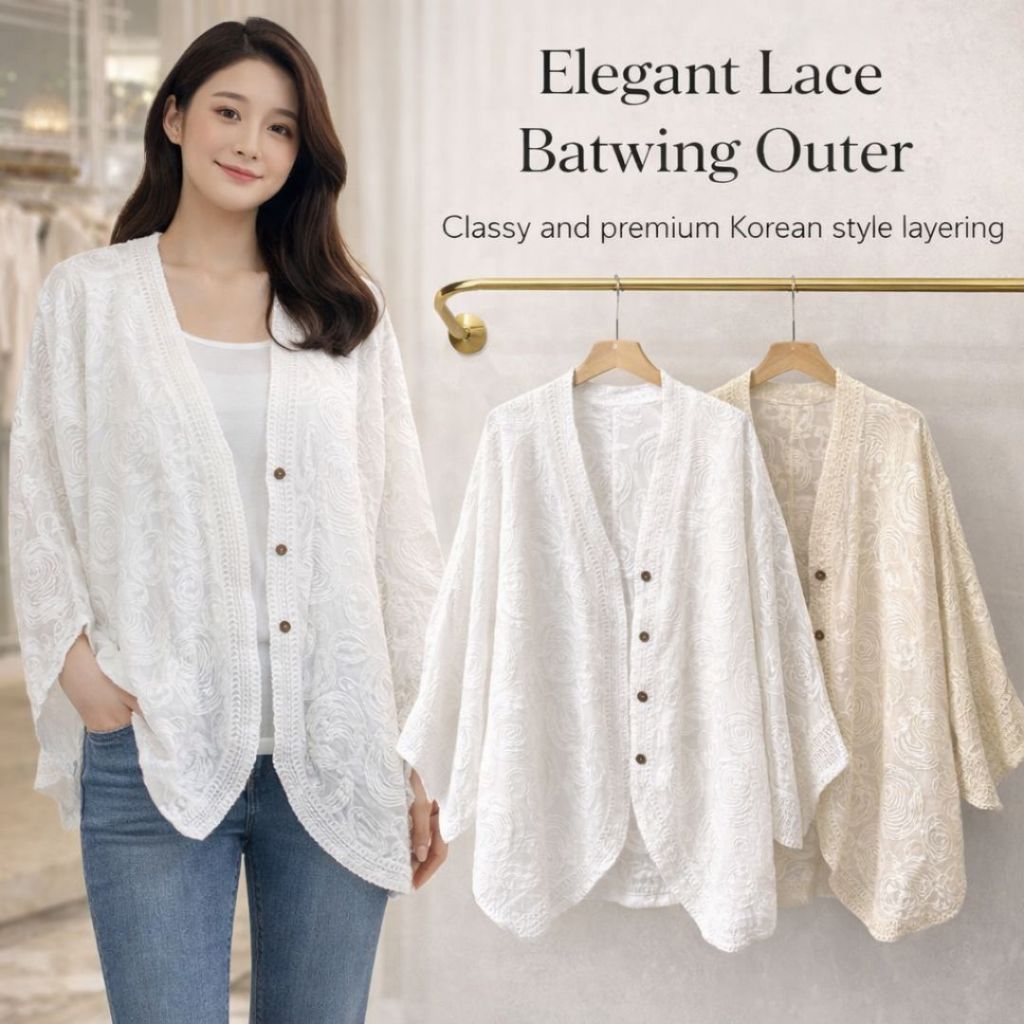Outer Wanita Brukat Lace Premium Oversize | Cardigan Kimono Batwing Elegan | Outer Putih Korean Styl