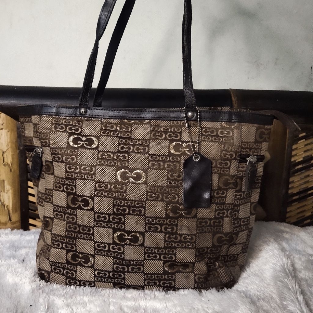 preloved tas tote shoulder bag wanita kanvas mix kulit