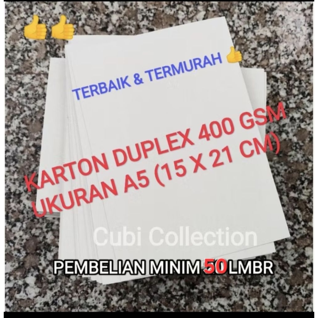 KARTON DUPLEX TEBAL 400 GSM UKURAN A5 / 15 X 21 CM TERMURAH 