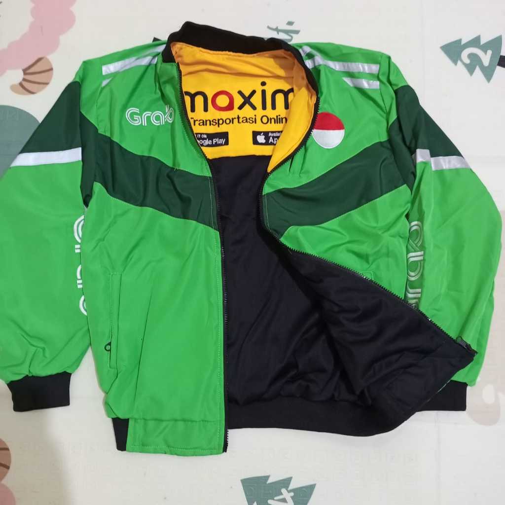 JAKET BOMBER GRAB BOLAK BALIK MAXIM SETENGAH HITAM REAL PICT BORDIR  MURAH