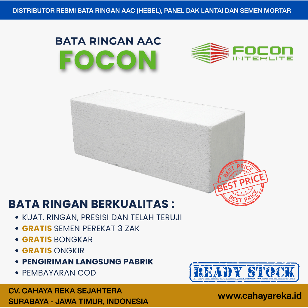 Bata Ringan AAC (Hebel) Focon Berkualitas | Harga Per Unit | Presisi Hemat Semen | Ready Stok Siap K