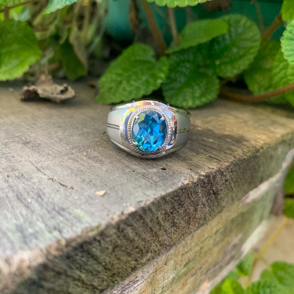Cincin Batu Natural Blue Topaz Swiss Elektrik IRR HQ Memo Ring Monel Doff