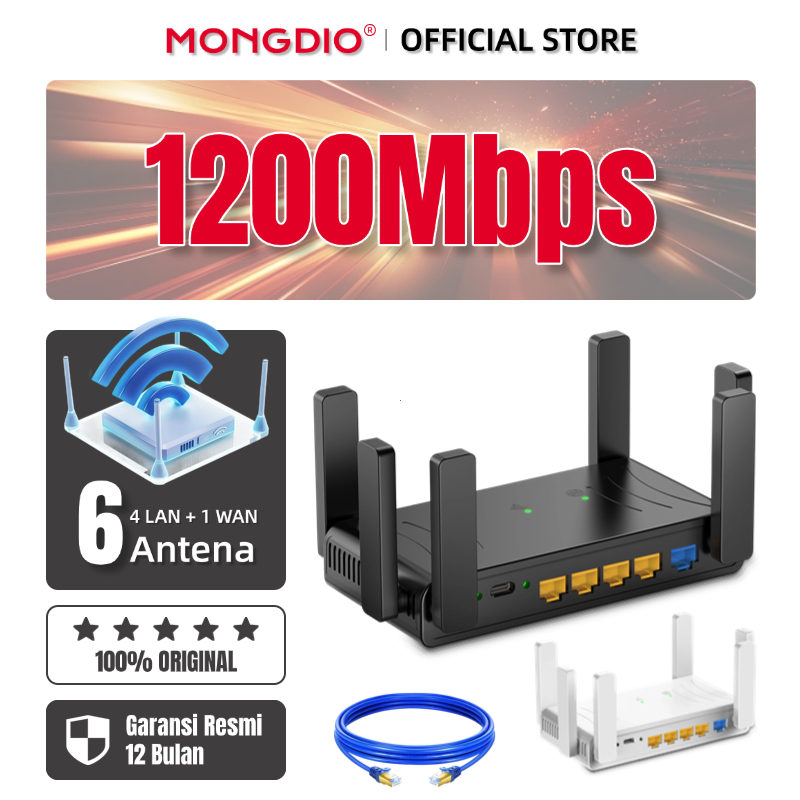 Mongdio Router WiFi 6 Antena Eksternal 4 LAN + 1 WAN Port 1200Mbps Signal Booster Penembus Tembok MT