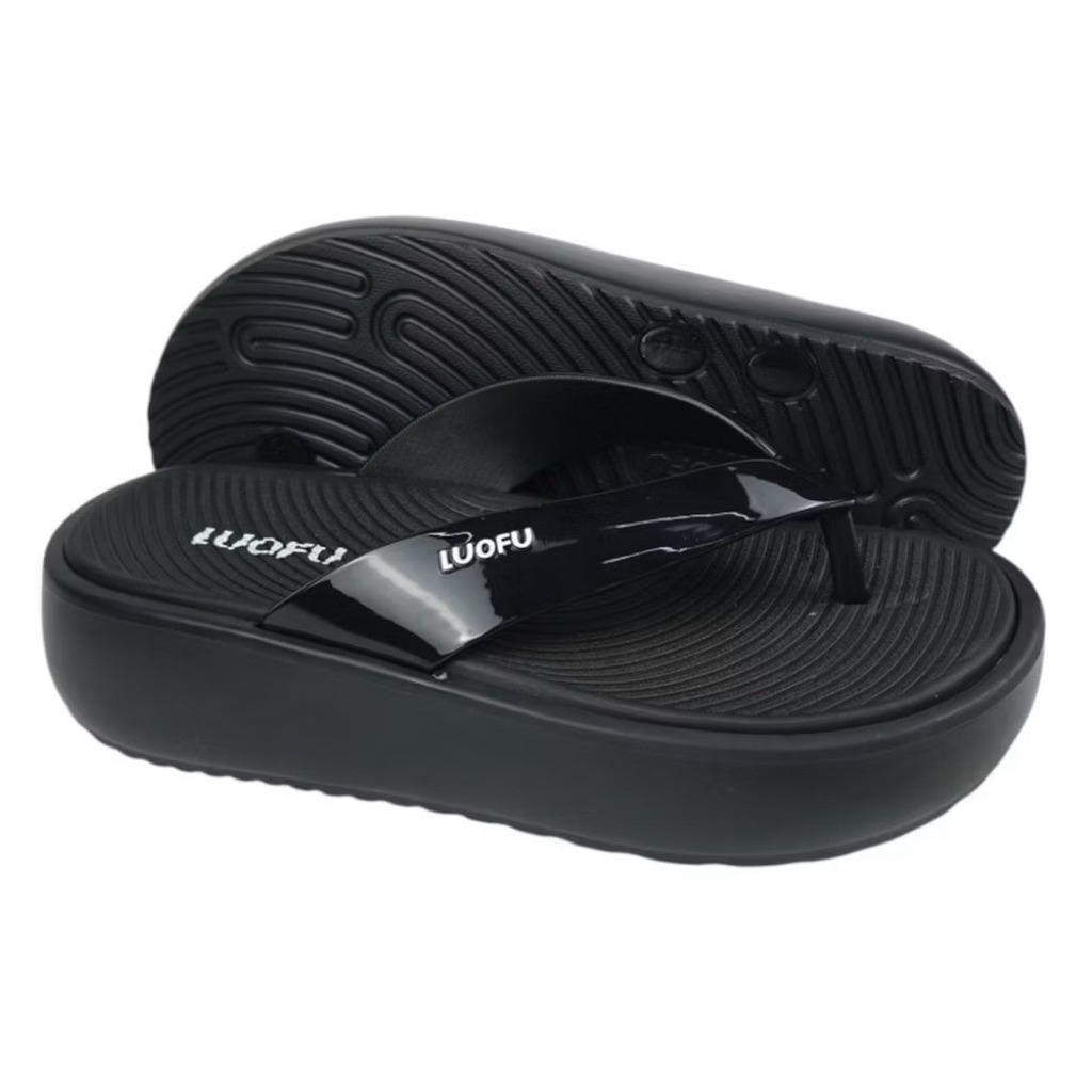 LUOFU Sandal Jepit Wedges Jelly Karet Eva Wanita Full Warna (Hitam)