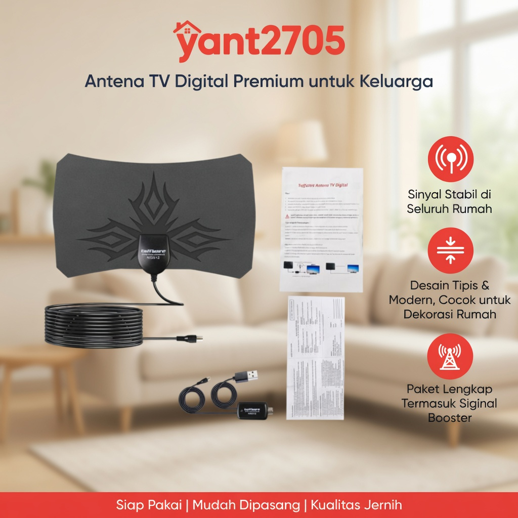 Taffware Antena TV Digital DVB-T2 Indoor Booster 25dB HDTV – Sinyal Lebih Jernih Stabil Tanpa Semut 