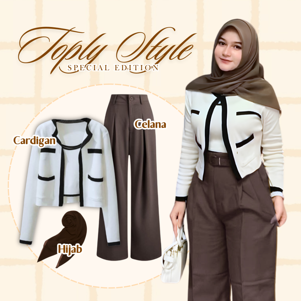 One Set Hijab Toply 3in1 / Setelan Wanita Kekinian / Outfit Nongkrong / Outfit Ngampus / Cardigan Ra