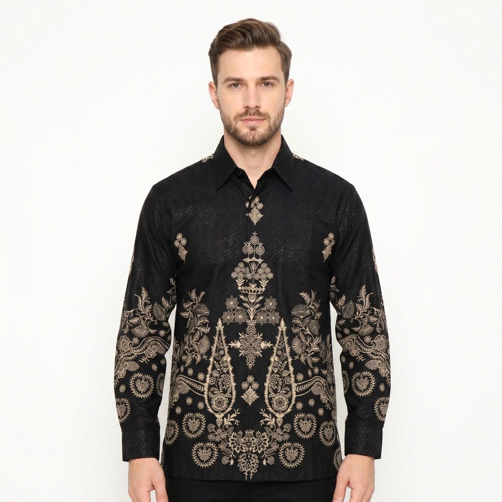 |Magnus| Kemeja Batik Pria Lengan Panjang Bahan Dobby Serat Motif Wayang Warna Hitam Lapis Furring A