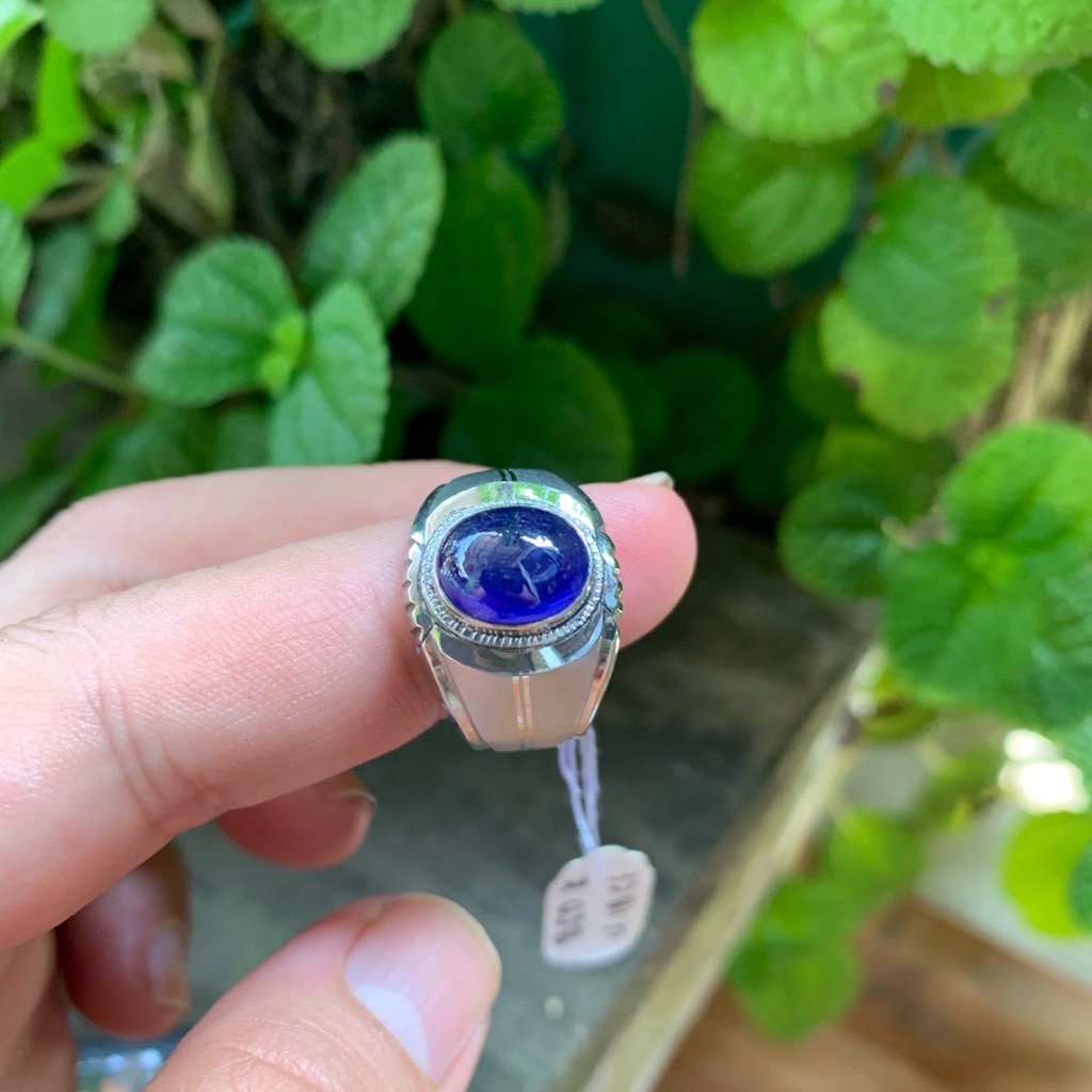 Cincin Batu Natural Royal Blue Safir Cabochon Memo Ring Monel Doff Handmade Size 7