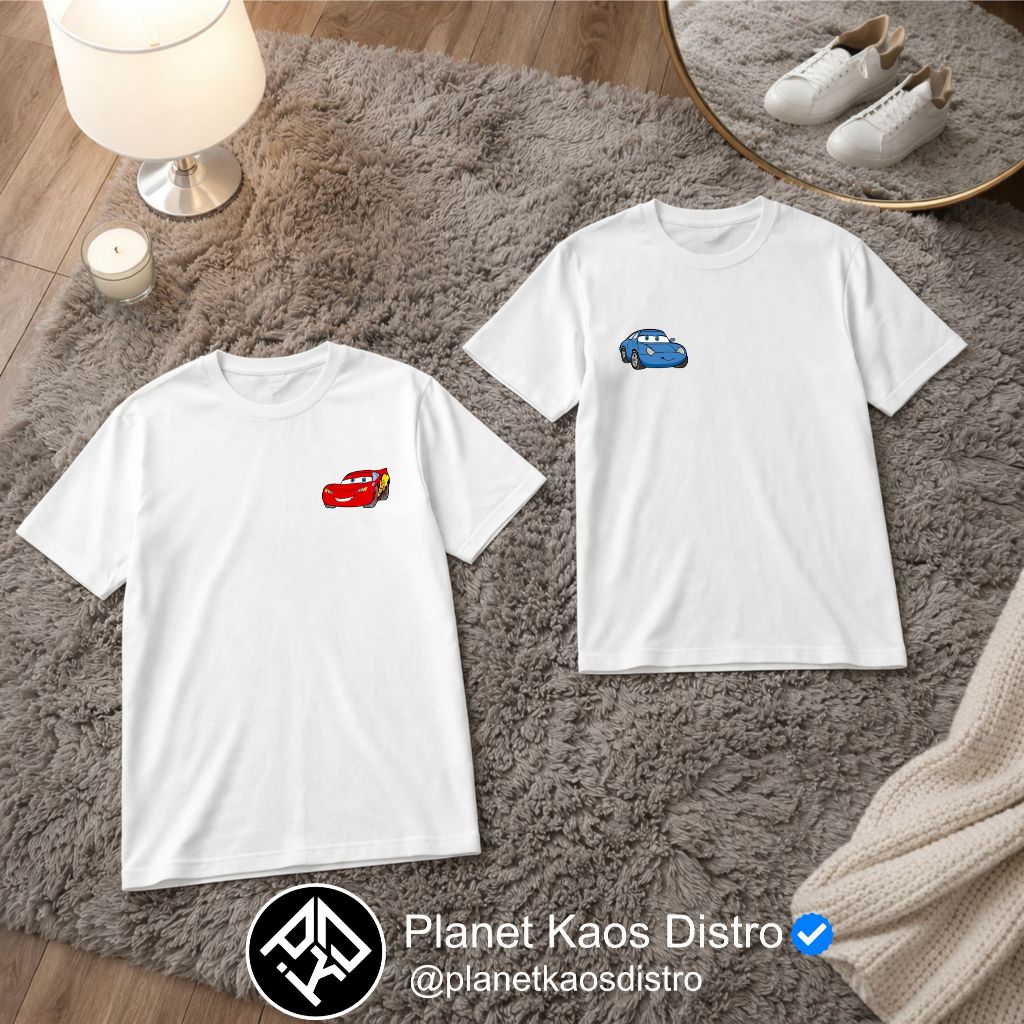 Kaos Couple Cars Lighting Mcqueen & Sally Embroidery V1 - Kaos Couple Pasangan Pria & Wanita Combed 