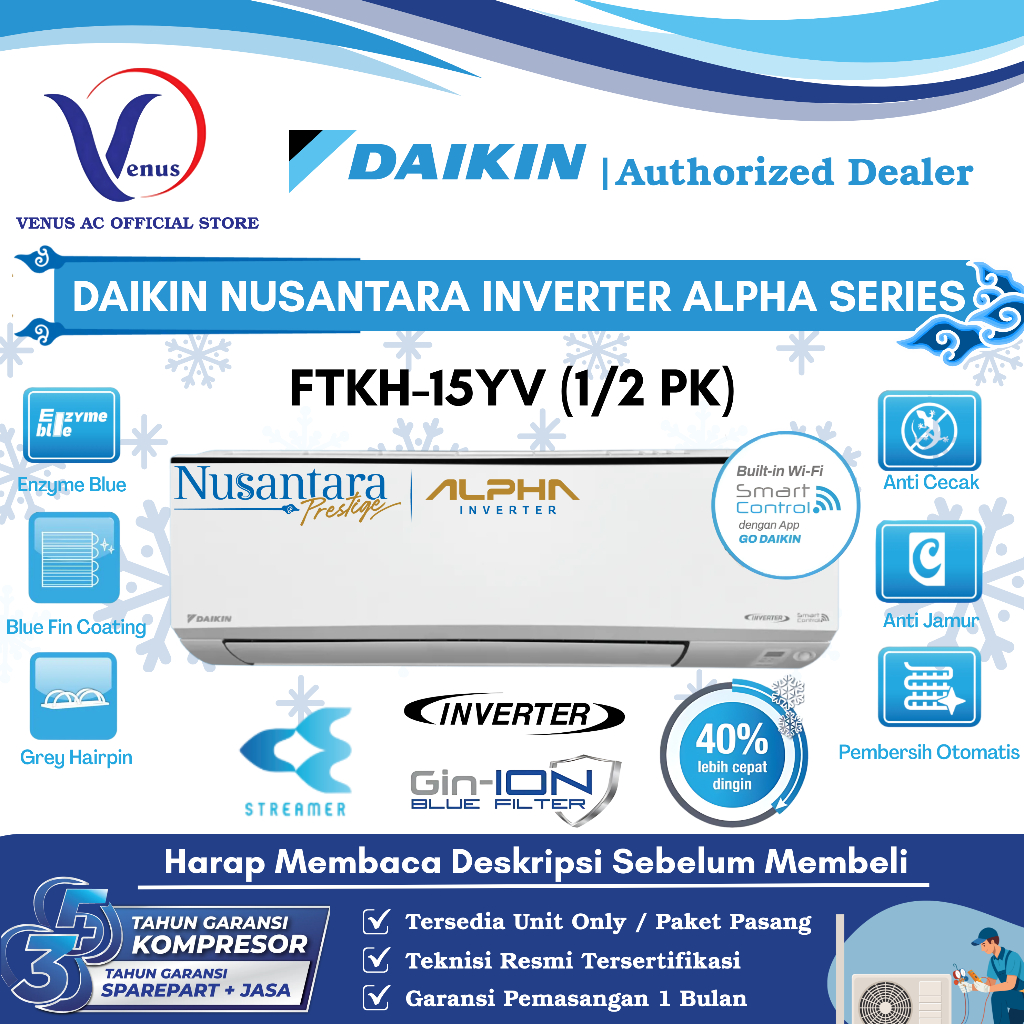 AC DAIKIN 1/2 PK INVERTER ALPHA FTKH-15YV NUSANTARA SERIES TIPE TERBARU