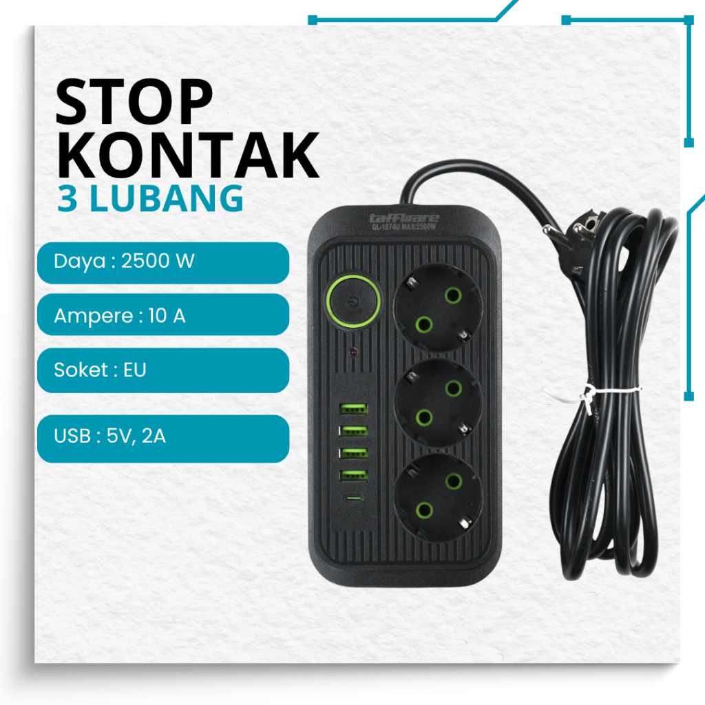 Stop Kontak Socket 3 Lubang 4 USB C 10A 2500 Watt Colokan Listrik