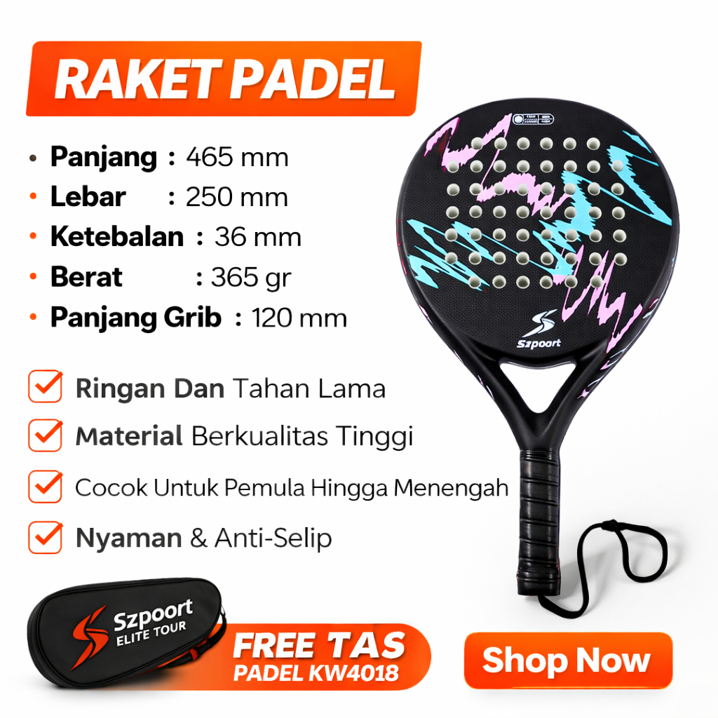 Raket Padel Carbon Fiber 365gr Ringan + FREE Tas Raket Padel Ringan Cocok Pemula & Intermediate