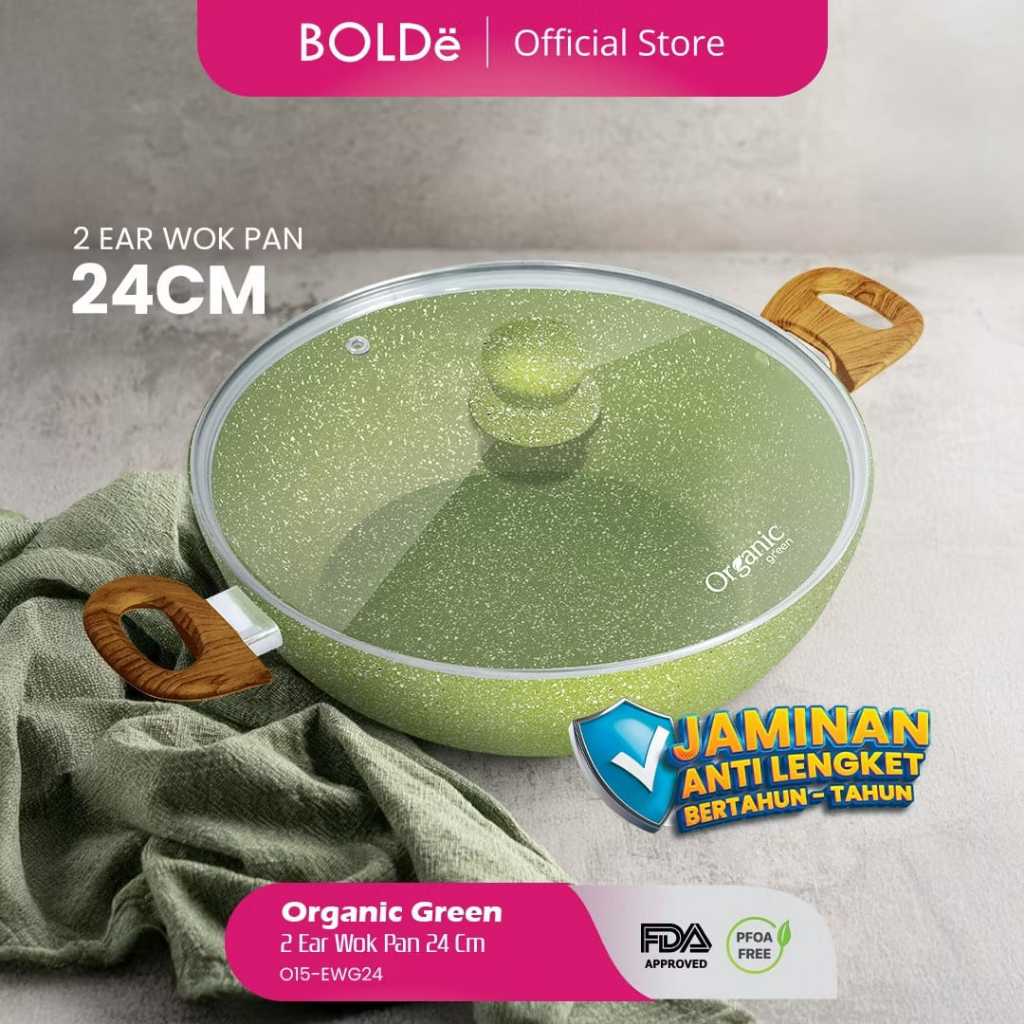 BOLDE Wok Pan 24 cm Organic Green / Penggorengan Anti Lengket / Wajan 2 Lubang Handle / Panci Kerami
