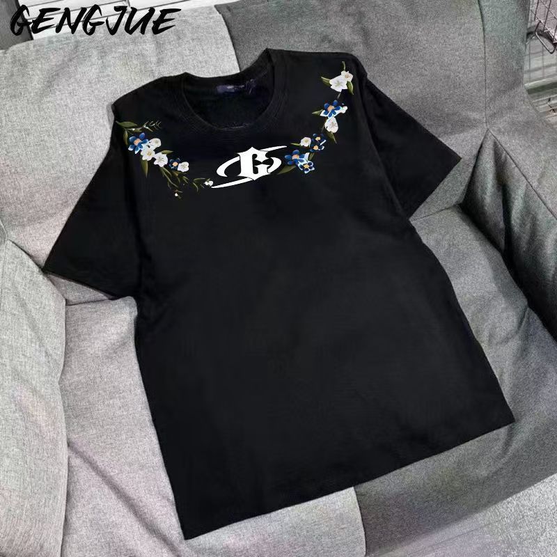 Kaos Pria Wanita Oversize Motif Bunga Biru Putih | Baju Atasan Santai