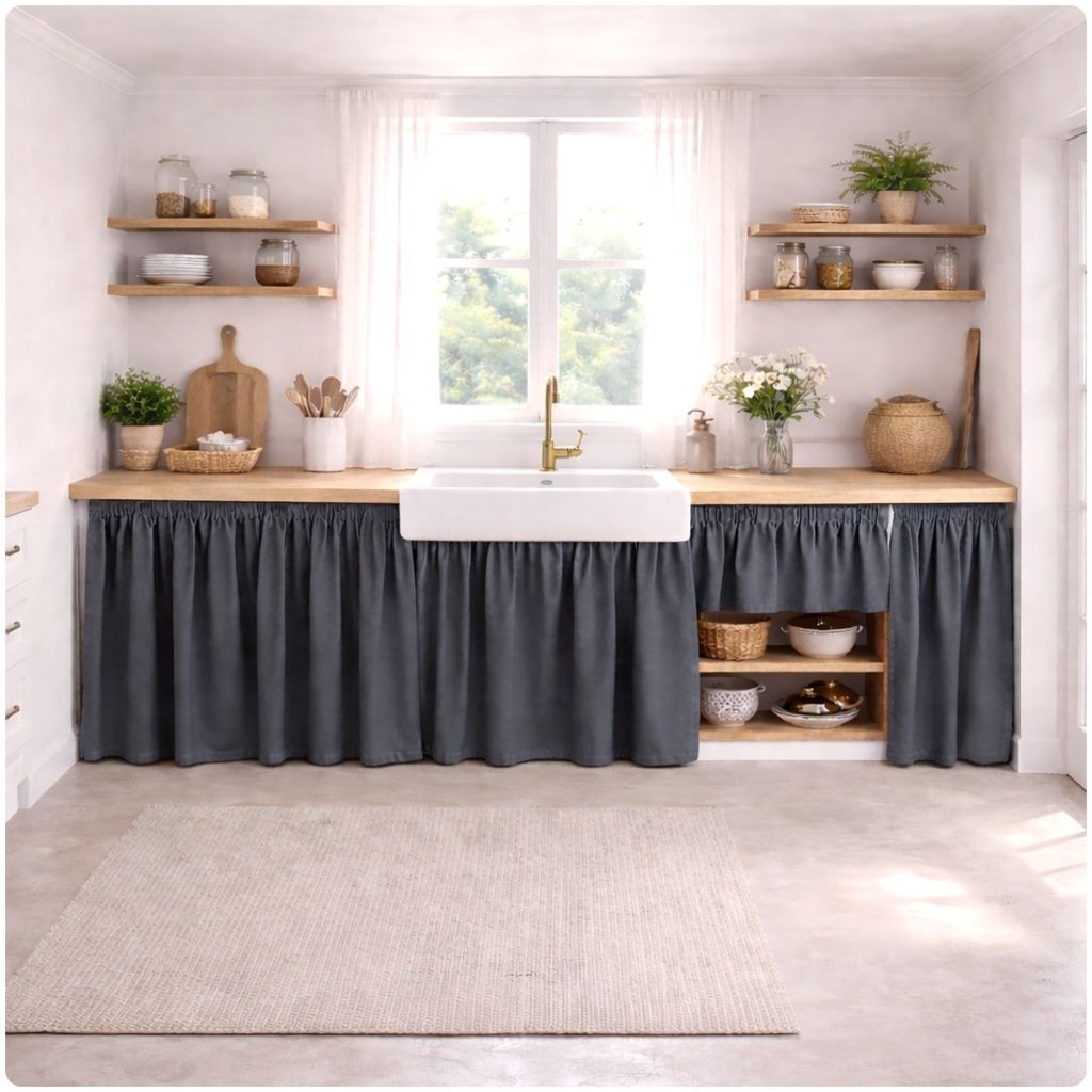 Gorden Kolong Dapur Bahan Kain Blackout Model Serut Minimalis untuk Dekorasi Dapur Modern