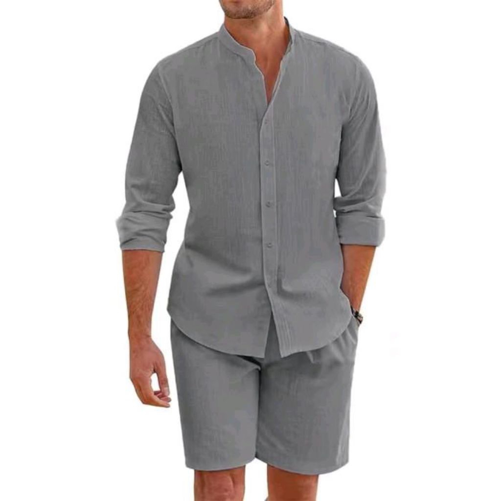 . Setelan Santai Pria Bahan Adem​ . Setelan Kemeja Mandarin Collar.    Setelan Linen Premium Pria.  