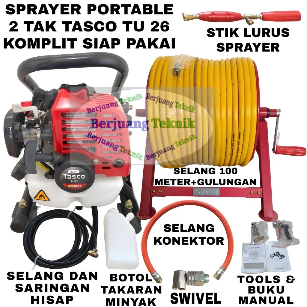 Mesin Sprayer Portable 2 Tak TASCO TU 26 komplit selang 100 meter dan gulungan dan stik gun sprayer 