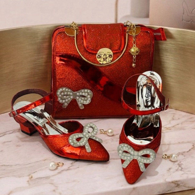 promo produk terbaru satu set sandal heels dan tas wanita pesta mewah dan berkualitas size 36-42