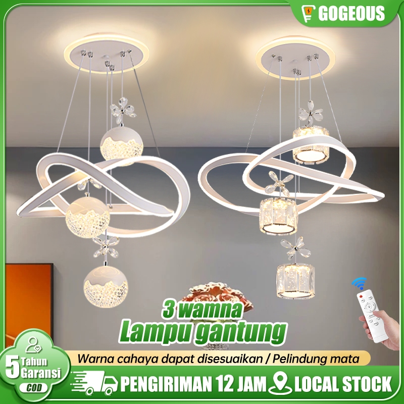 GOGEOUS Lampu Gantung Kristal Minimalis 72W 3 Warna, untuk Ruang Makan & Kamar Tidur Modern