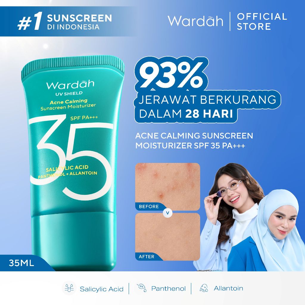 Wardah Sunscreen UV Shield Acne Calming Sunscreen Moisturizer SPF 35 PA+++ Single, Twinpack, Triple 