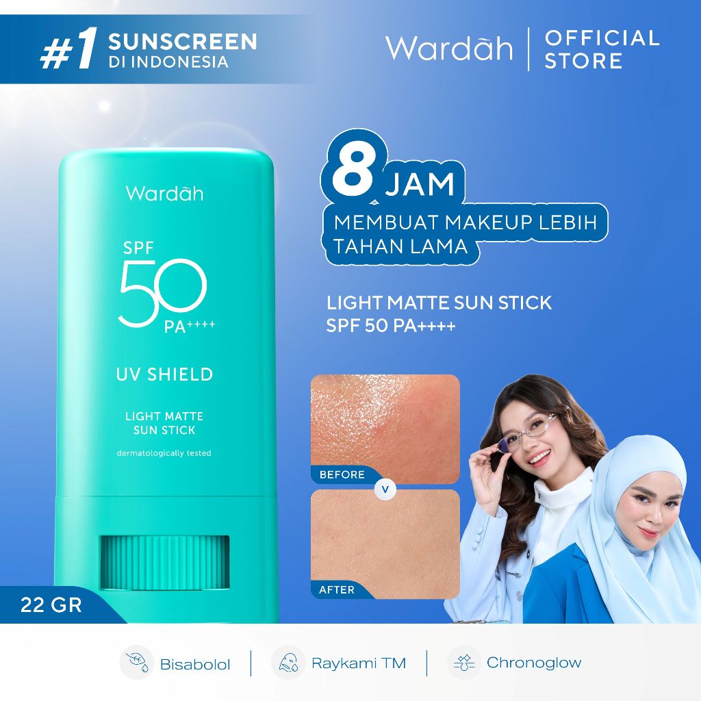 Wardah Sunscreen UV Shield Light Matte Sun Stick SPF 50 PA +++ 22 g - Sunscreen Wajah 0% Alkohol dan