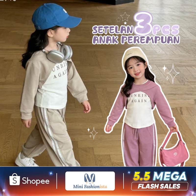 COD Setelan Anak Perempuan Korean Style Fashion Setelan anak Perempuan import Sport 3pcs Atasan+Romp