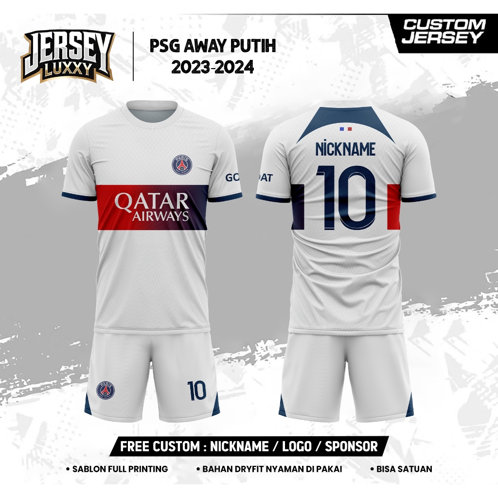 Jersey Sepak Bola Desain PSG AWAY PUTIH 2023-2024 Jersey Free Nama dan Nomor Pungung Full Printing