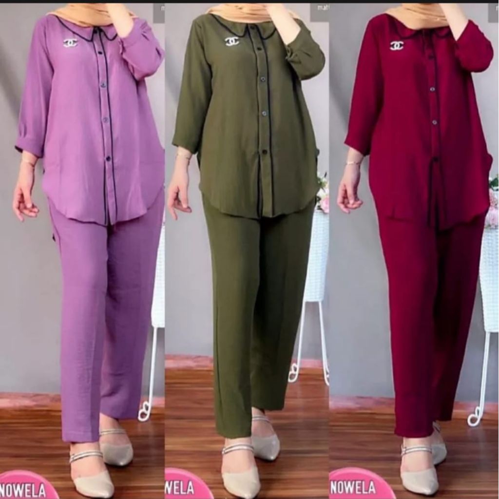 GIGA SET//ONE SET CRINKLE//SETELAN WANITA POLOS LIST HITAM//LD110//LD120