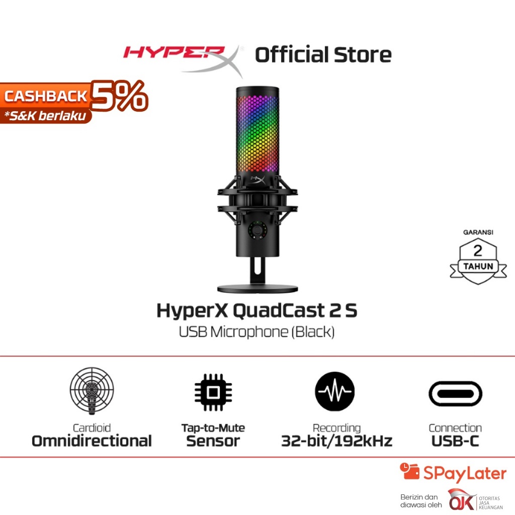 HyperX Microphone Gaming QuadCast 2 S USB C Wired - Black Podcast Streaming Condenser Mic Original P
